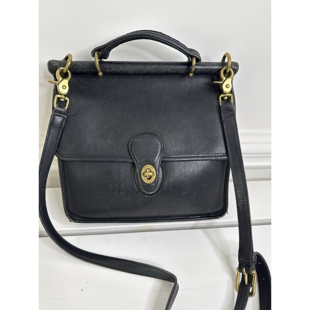 Vintage Coach Black Leather Willis Satchel Crossbody Bag Brass USA